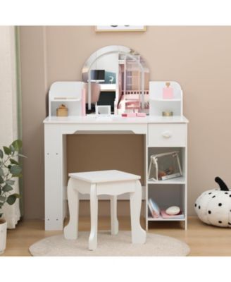 2-in-1 Kids Vanity Set, Lighted Mirror Table with Stool & Storage Bookshelf