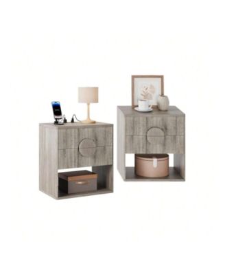Set of 2 Modern Farmhouse Fluted Nightstands, 2-Drawer Side Table with USB Charging Station