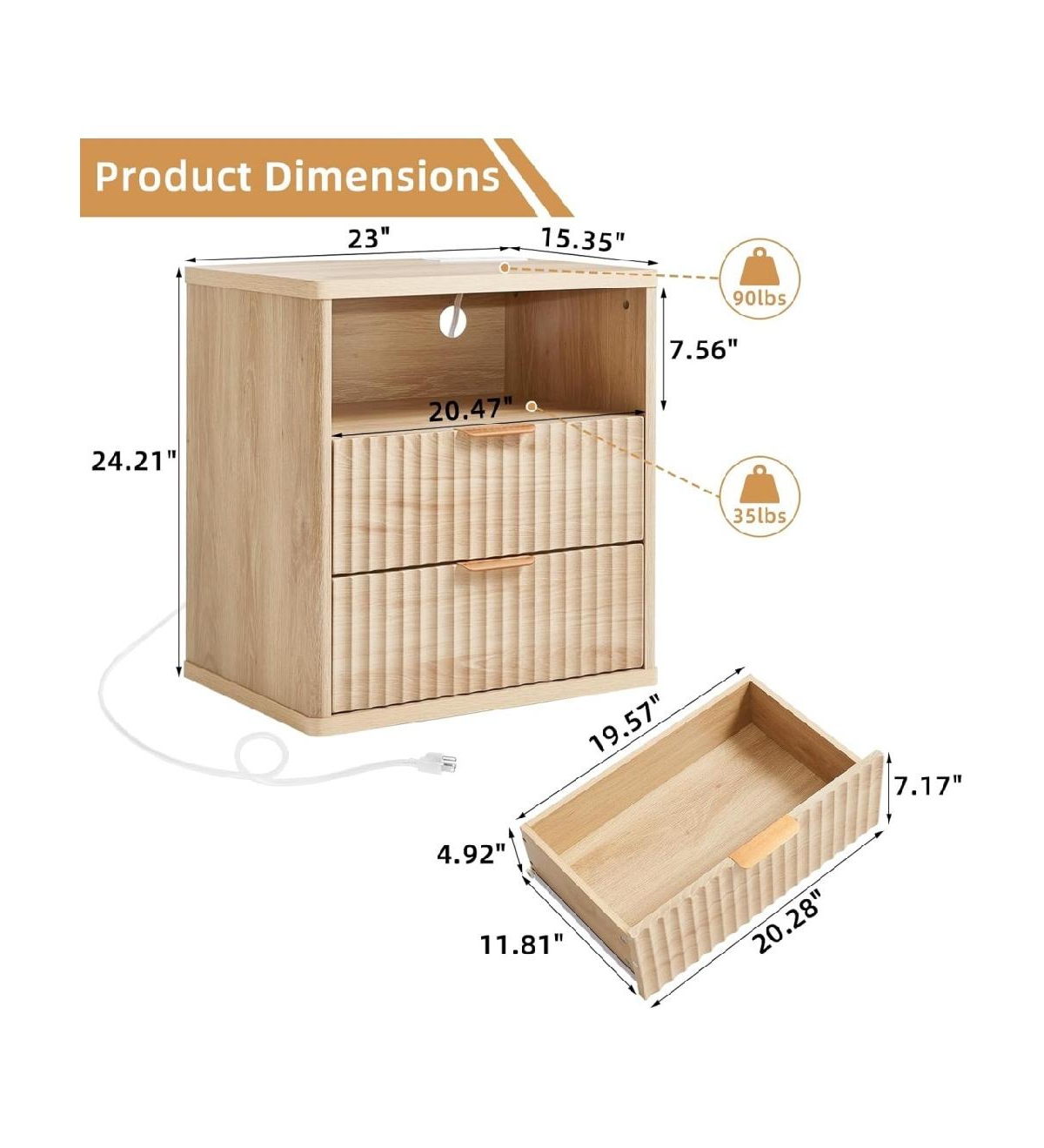 gaomon 23 Inch Fluted Farmhouse Nightstand, 2-Drawer End Table with Usb Charging Station for Bedroom