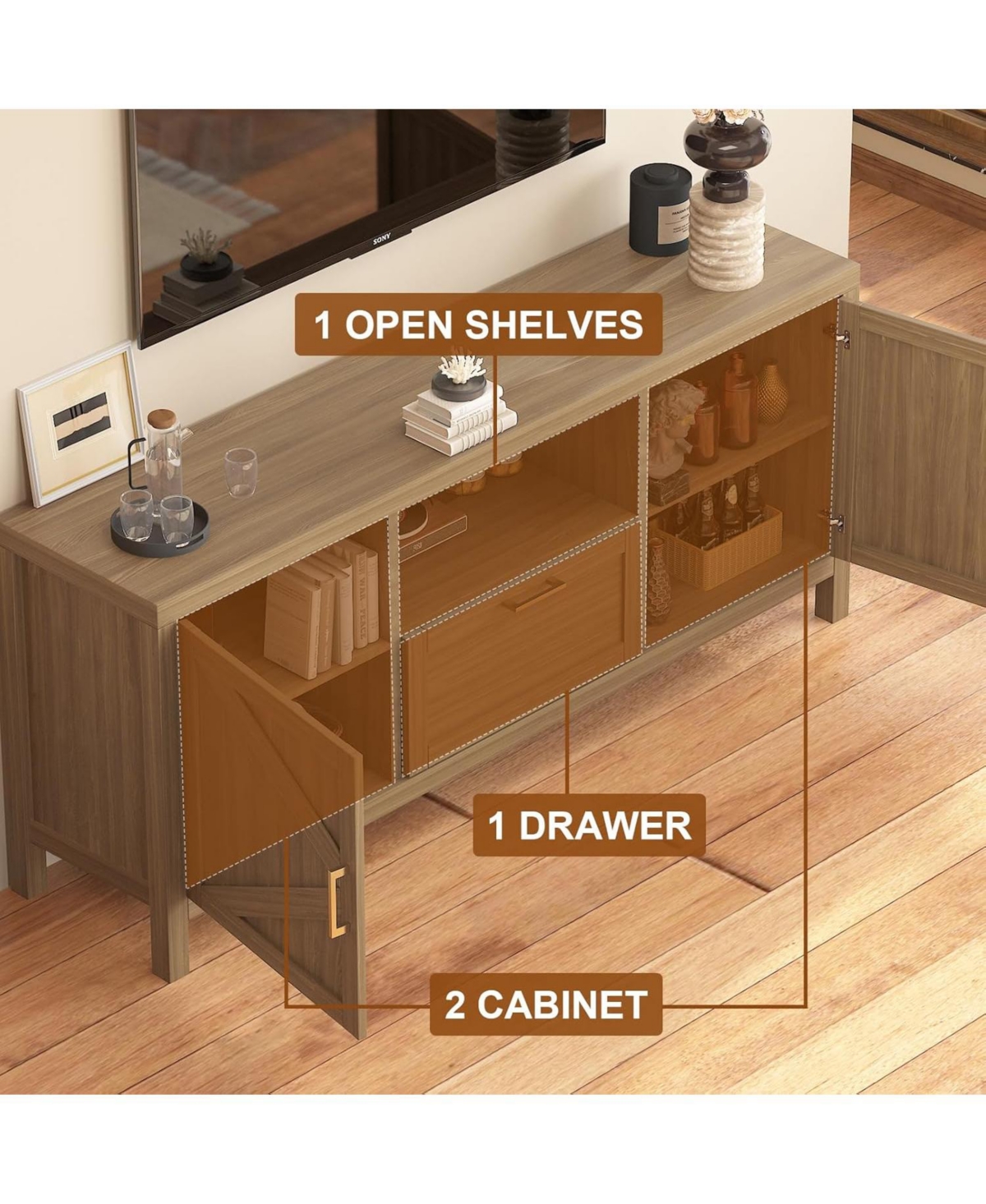 gaomon Farmhouse Tv Stand for TVs Up to 65 Inch, Entertainment Center with Door, Media Console Cabinet, Wood
