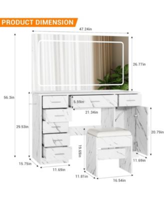 Marble White 7-Drawer Vanity Cabinet, LED Mirror Makeup Table with 3 Light Modes & Charging Station