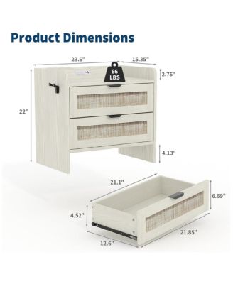 1PC White Rattan Nightstand, 2-Drawer Bedside Table with Type-C Charging Station