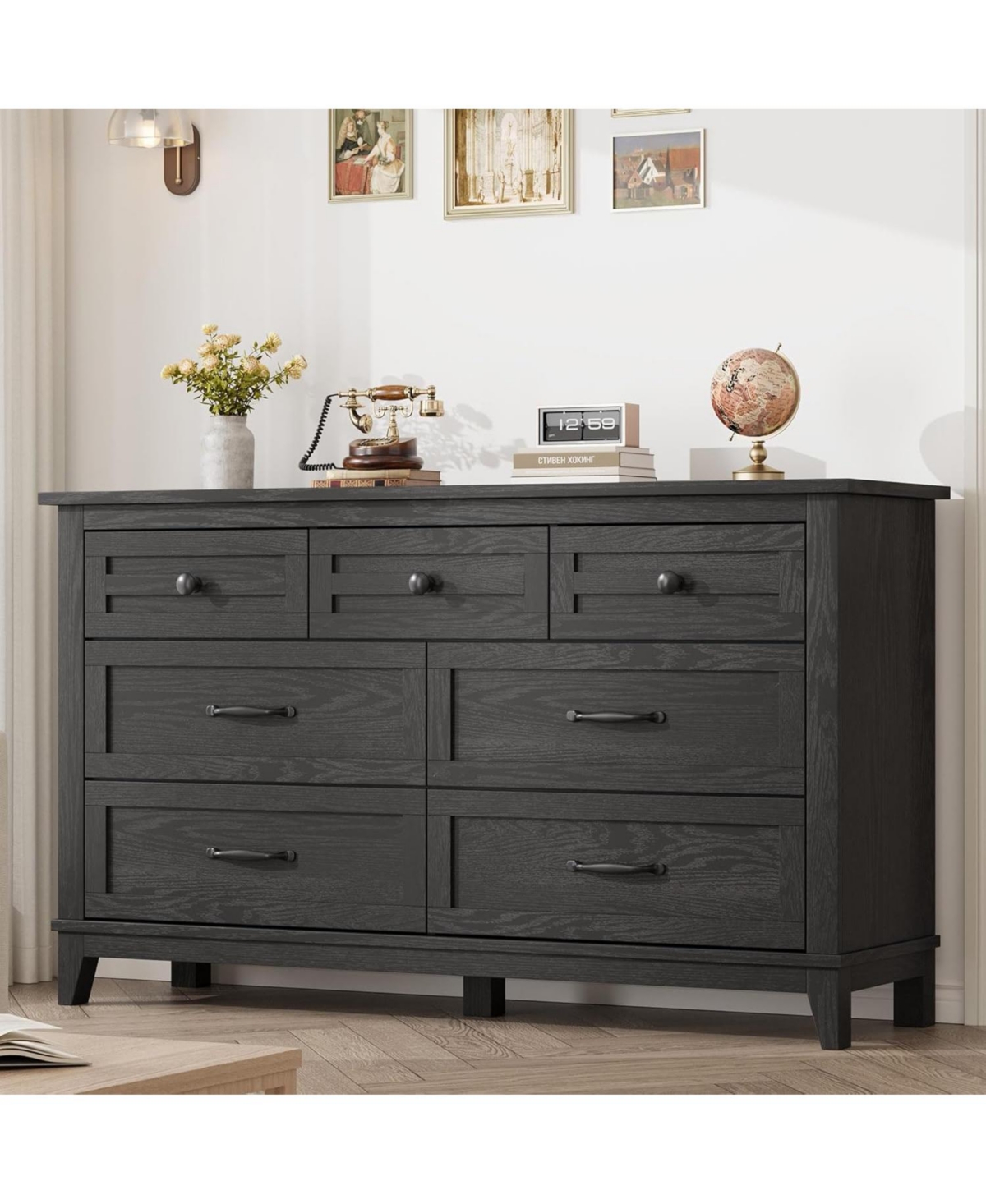 gaomon 7 Dresser for Bedroom, 54 in Wide Drawer Dresser with Storage Freestanding, Wooden Closet Storage Chest for Living Room, Bedroom, Entryway - Bl