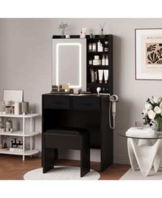 Black 2-Drawer Vanity Desk Set, Lighted Makeup Table with Power Outlet, USB Ports & Stool