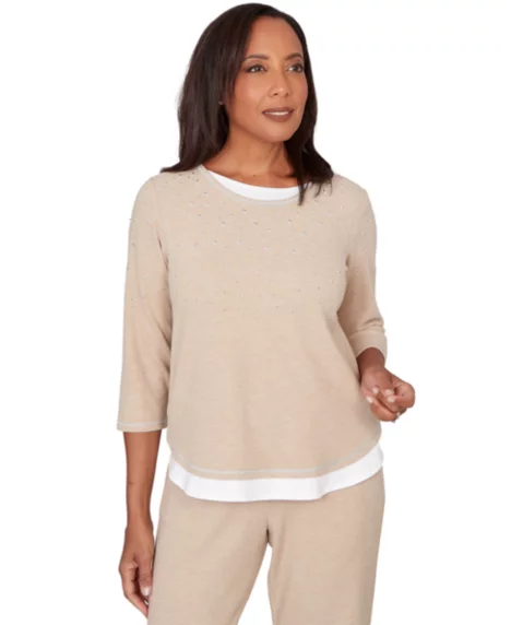 Petite Embellished Crewneck Top - Fawn