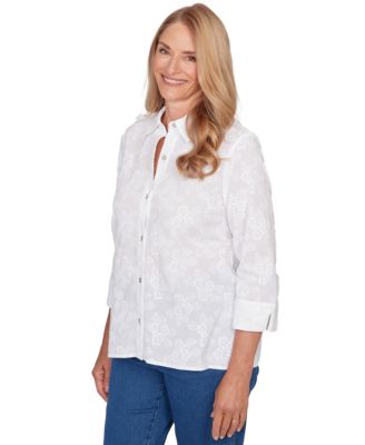 Petite Flower Embroidered Button-Down Top