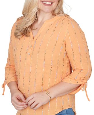 Petite Eyelash Gauze Textured Tie Sleeve Split Neck Top