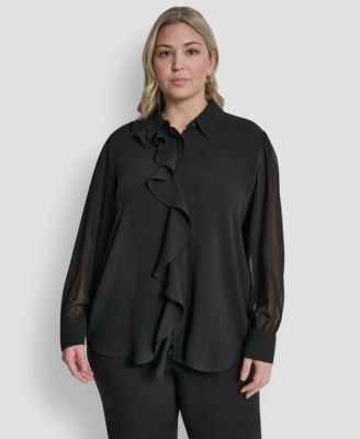 Plus Size Collared Ruffle Detail Long-Sleeve Top