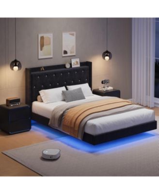 Bed Frame with LED Lights, Floating Platform Bed with Velvet Upholstered Storage Headboard, No Box Spring Required, Noise Free, Easy Assembly