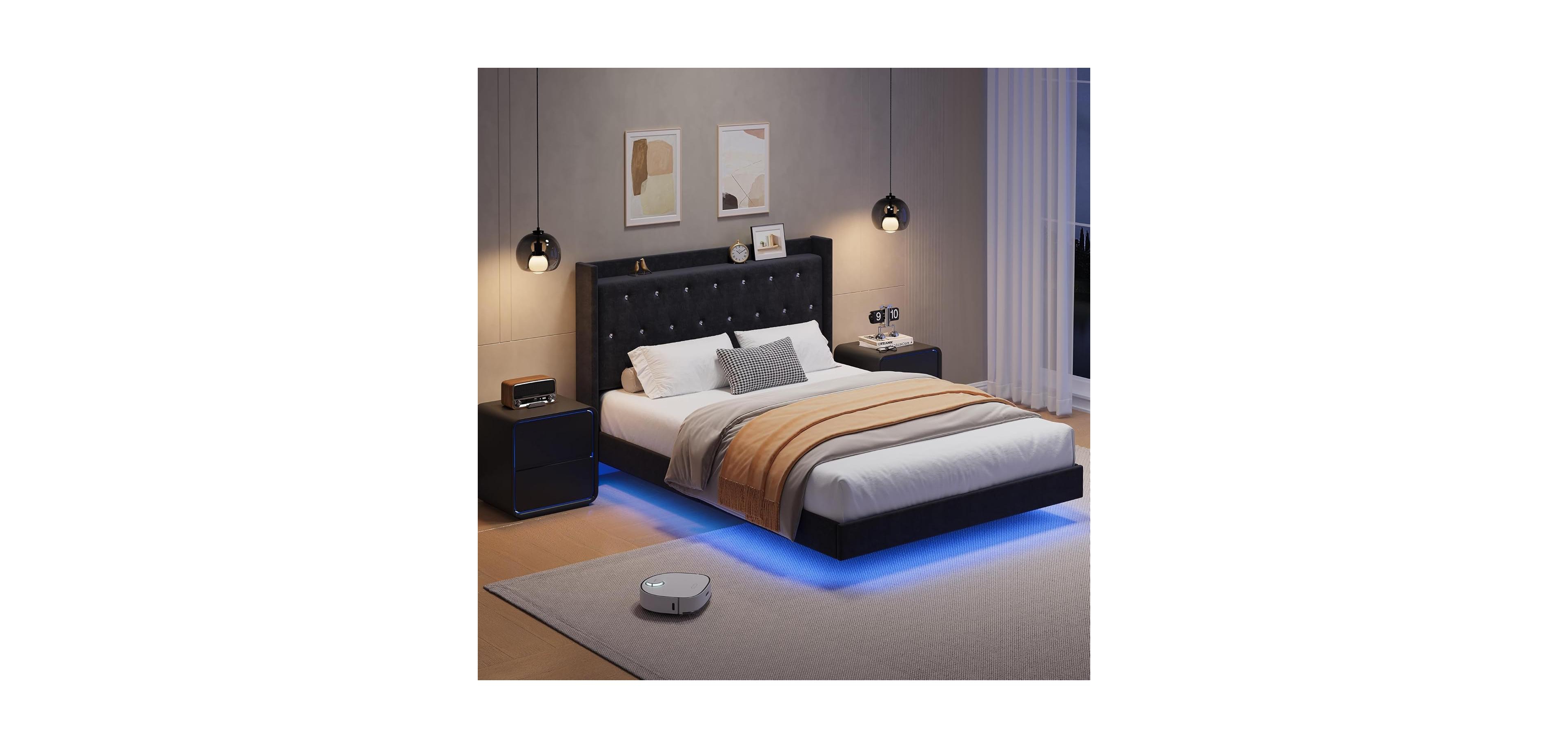gaomon Bed Frame with Led Lights, Floating Platform Bed with Velvet Upholstered Storage Headboard, No Box Spring Required, Noise Free, Easy Assembly