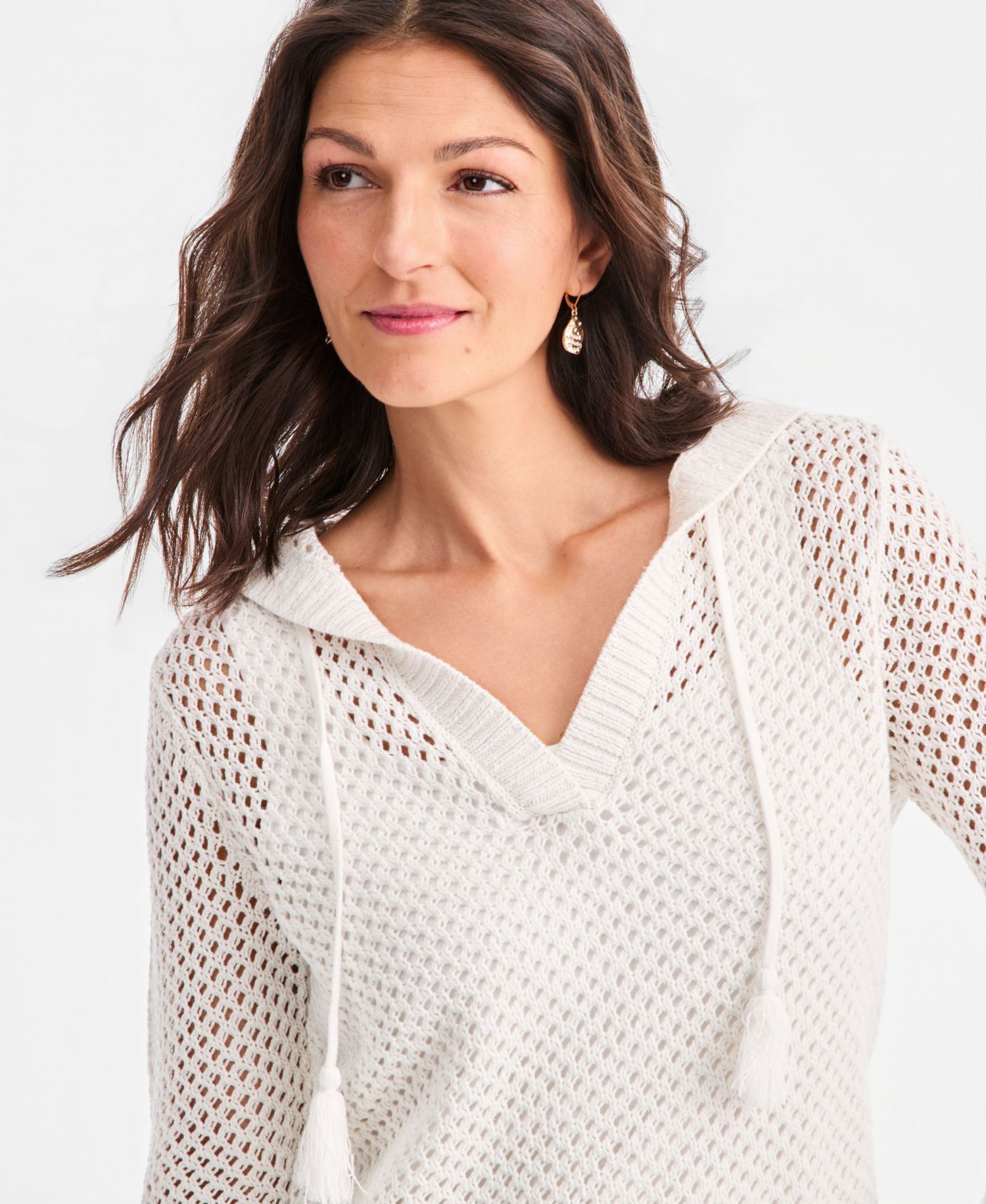 Petite Long-Sleeve Open Stitch V-Neck Hooded Sweater