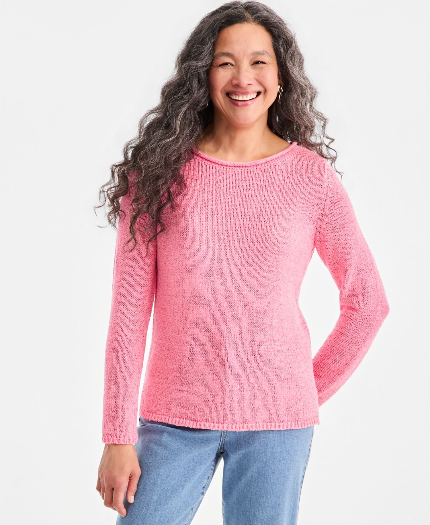 Women's Petite Boat Neck Tape Yarn Sweater