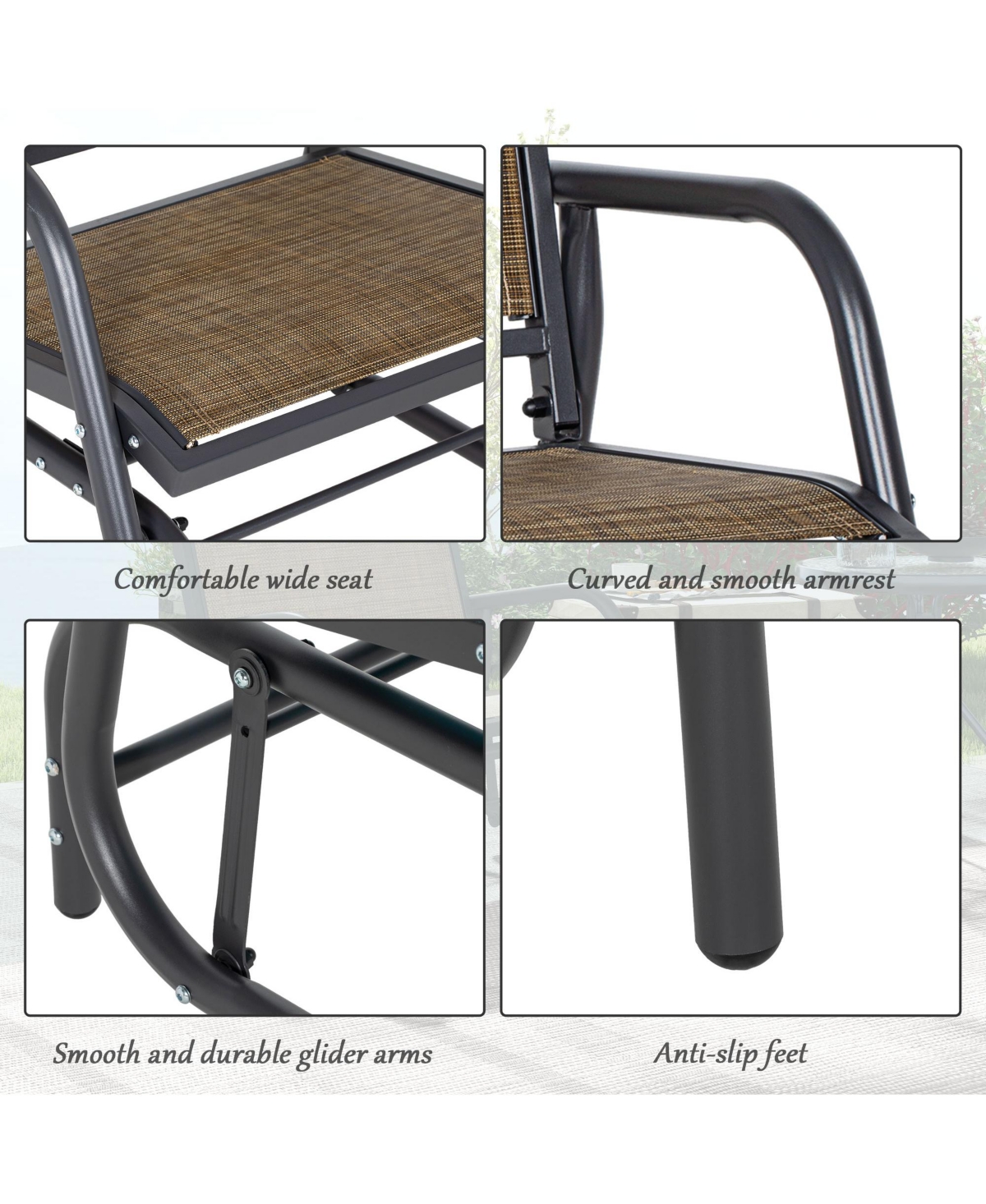 Flynama Light Mixed Brown Outsunny Porch Glider Set of 2 Metal Frame Mesh Fabric Curved Armrests for Garden Poolside Backyard Balcony