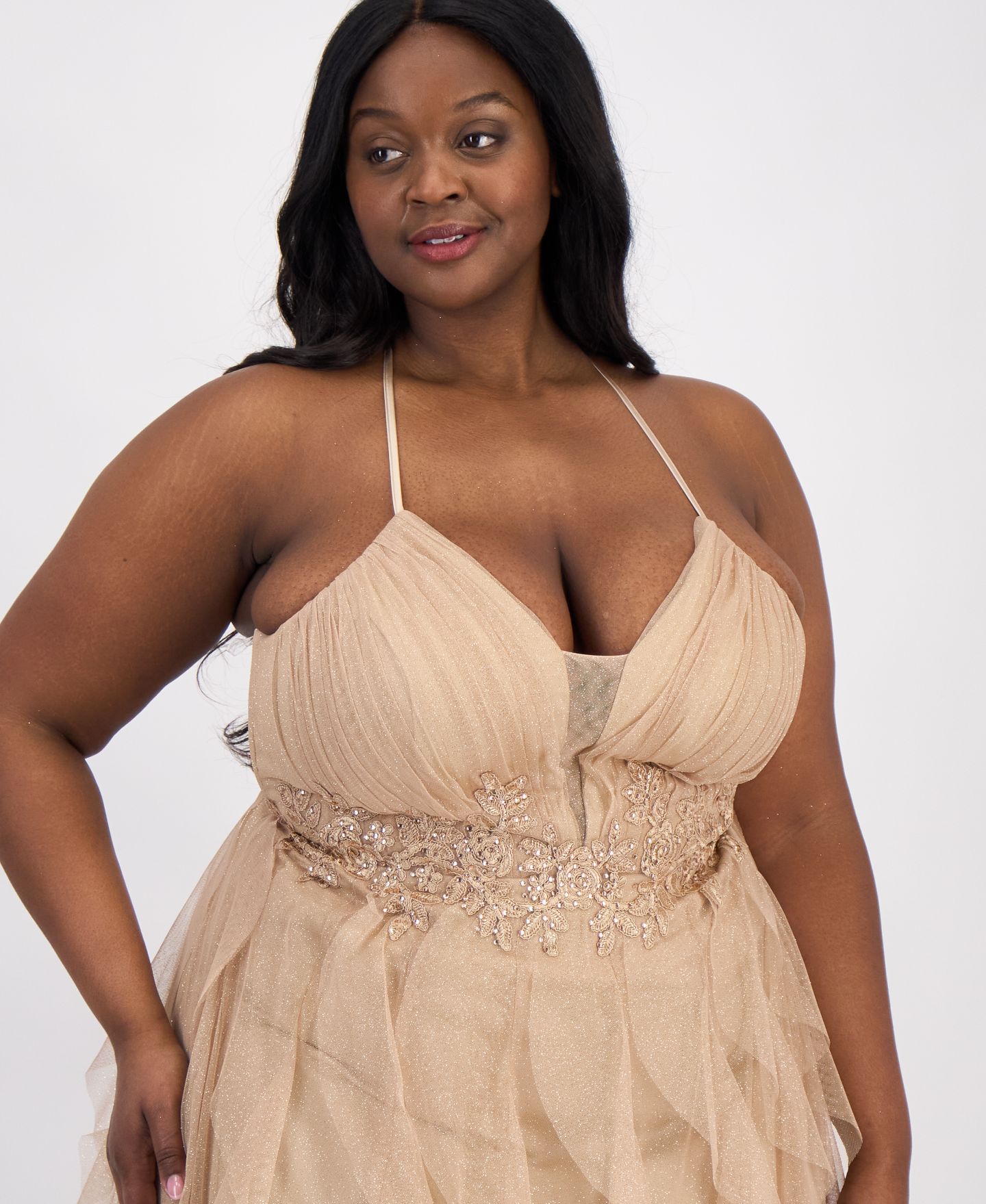 Женские платья pear culture Trendy Plus Size Glitter-Mesh Lace-Up-Back Gown, цвет: Золотой — фото 3