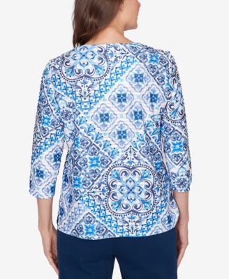 Petite Mykonos Aegean Tile V Neck Top