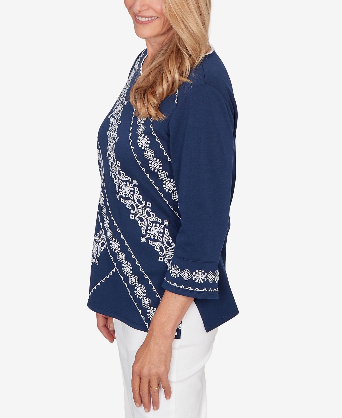 Alfred Dunner Petite Mykonos Diagonal Scroll Embroidered Crew Neck Top