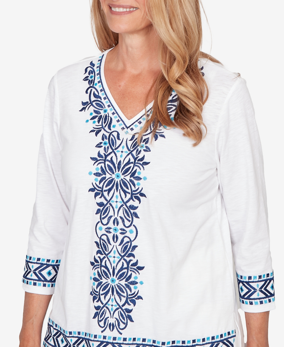Alfred Dunner Petite Mykonos Scroll Embroidered V-Neck Top
