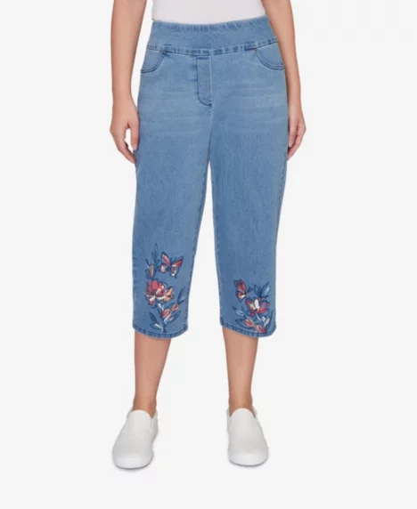 Petite Austin Floral Butterfly Printed Denim Capri Pants - Light Indigo