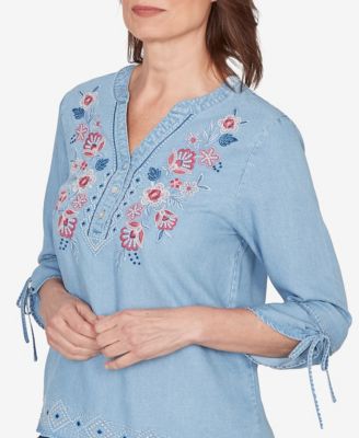 Petite Austin Floral Embroidered Tie Sleeve Henley Top
