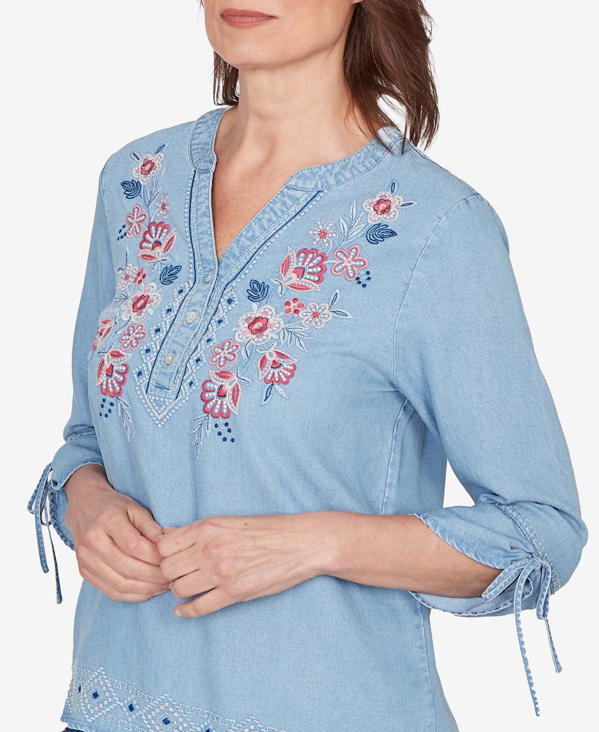 Alfred Dunner Petite Austin Floral Embroidered Tie Sleeve Henley Top