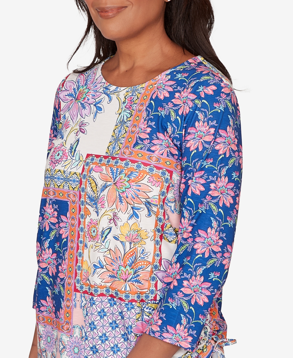 Alfred Dunner Petite The Royal Treatment Geometric Floral Tie Ruched Top