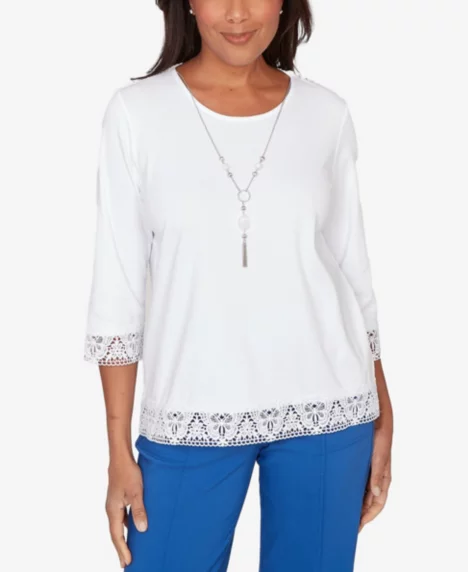 Petite The Royal Treatment Embellished Lace Trim Top with Necklace - White