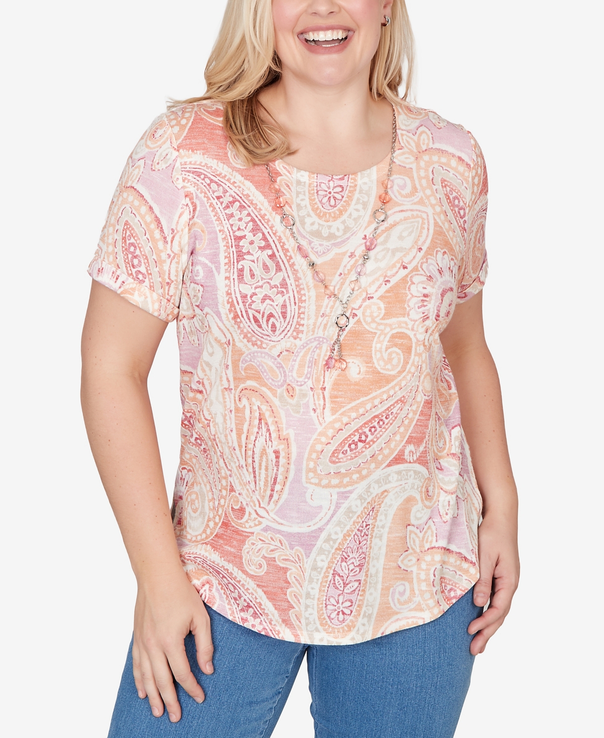 Alfred Dunner Petite Beachcomber Paisley Short Sleeve T-shirt with Necklace