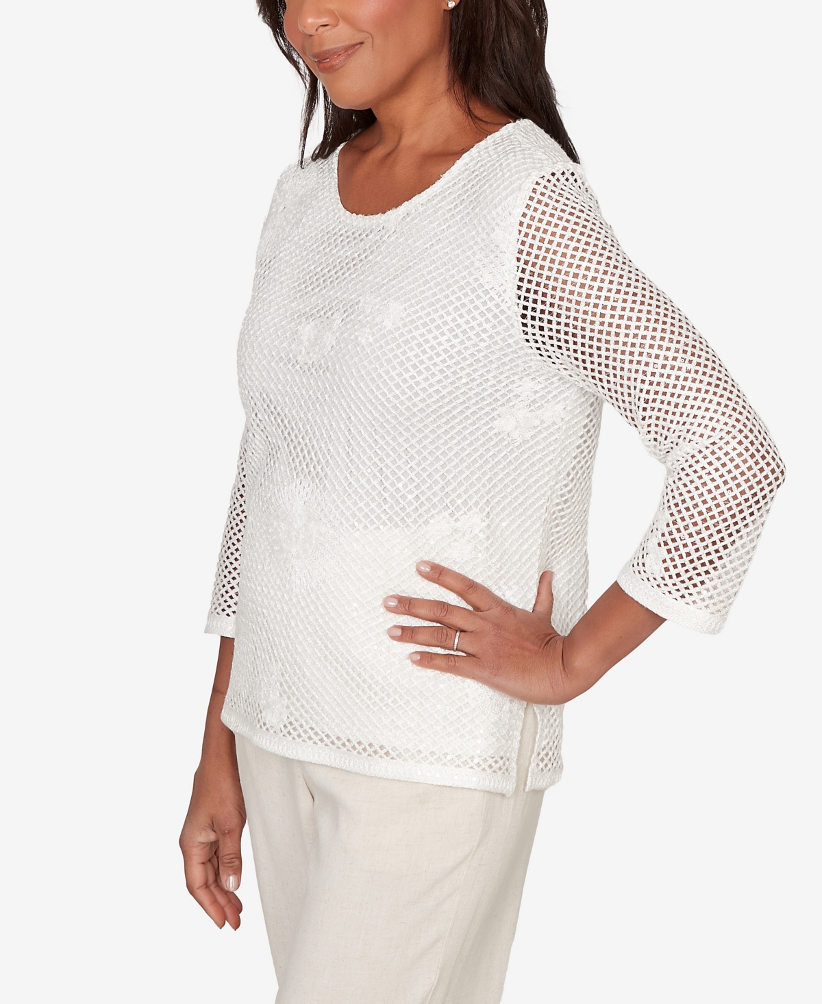 Alfred Dunner Petite Natural Wonder Sequin Mesh Flower Top