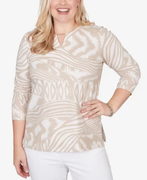 Petite Natural Wonder Animal Print Split Neck Beaded Top - Linen