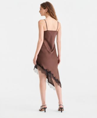 Women's Satin Lace-Trim Asymmetric-Hem Dress