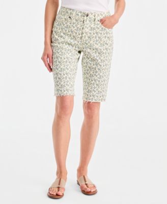 Women's Printed Mid-Rise Raw-Edge Bermuda Short