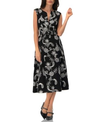 Women's Embroidered Belted Midi Dress