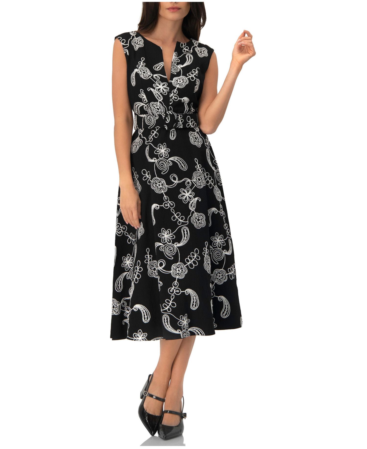Women's Embroidered Belted Midi Dress