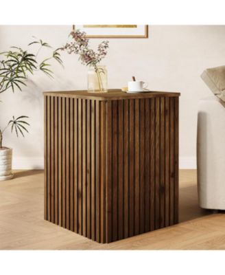 Solid Wood Square End Table with Storage, Fluted Side Table for Living Room, Mid-Century Modern Bedside Nightstand with Removable Lid