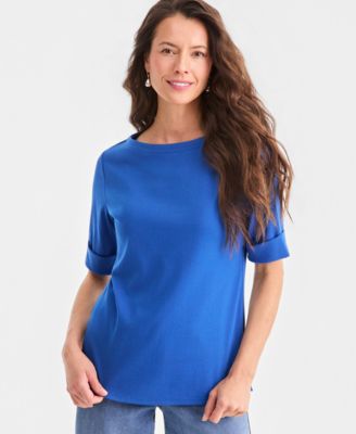 Women's Boat-Neck Elbow Sleeve Cotton Top