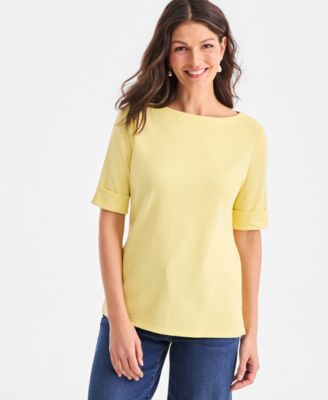 Women's Boat-Neck Elbow Sleeve Cotton Top
