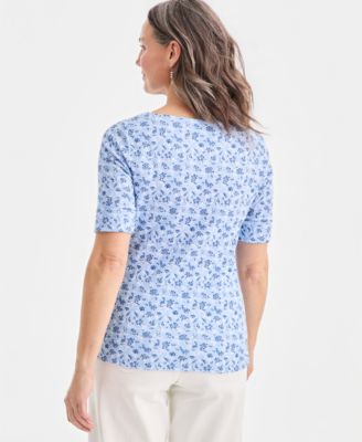 Women's Printed Boat-Neck Elbow-Sleeve Top