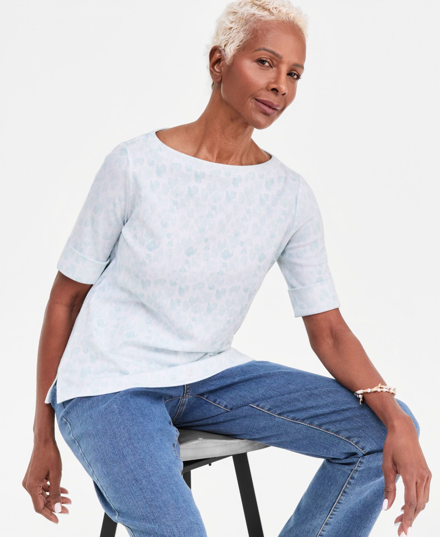 Petite Elbow-Sleeve Boat Neck Knit Top