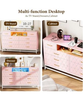 8 Drawer Dresser for Bedroom, Pink Dresser with Led Light, 55 Inch Tv Stand Dressers with Power Outlet
