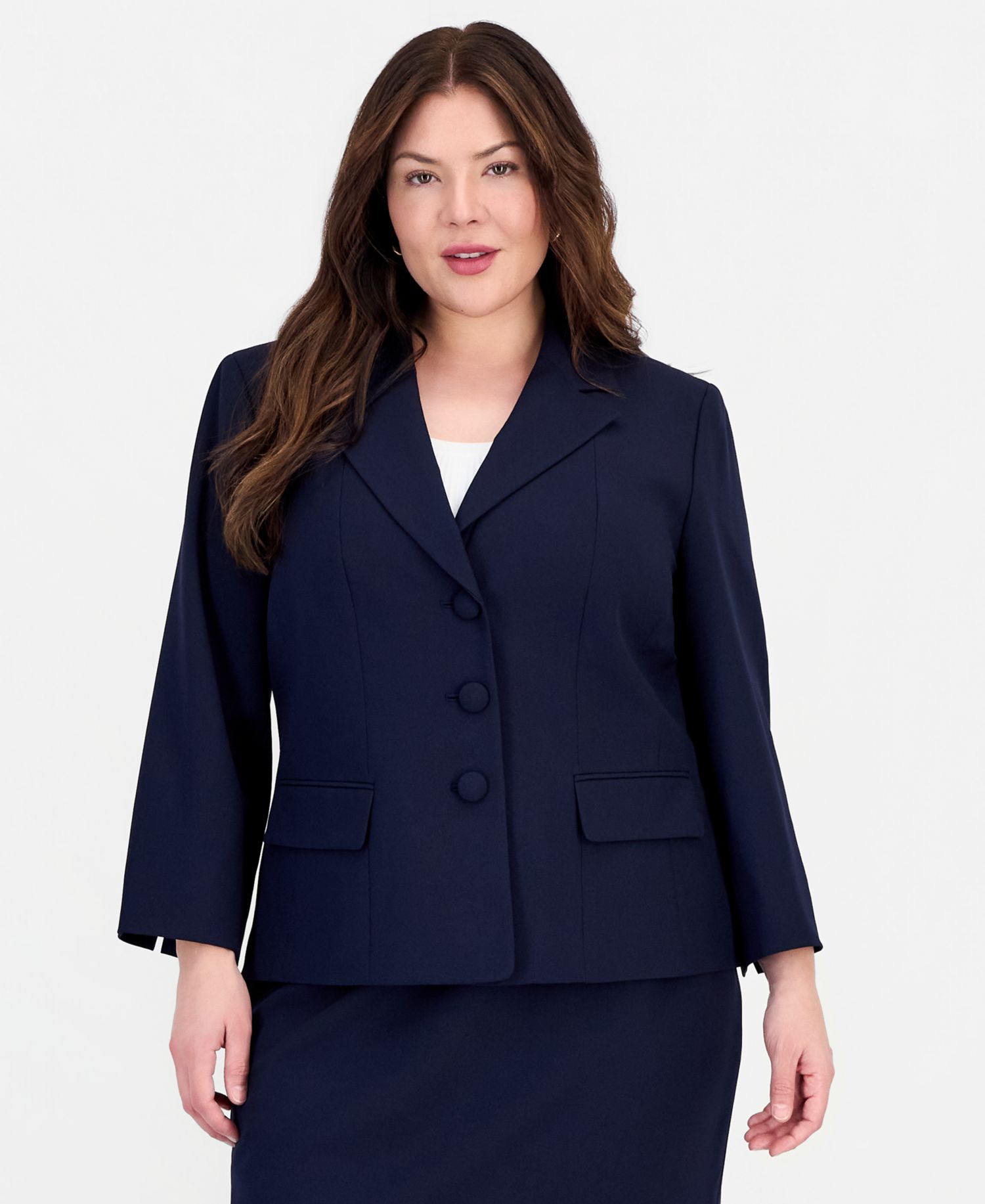 Plus Size Three-Button Notched Collar Blazer & Skirt Suit