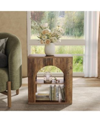 3-Tier End Table Set of 2, Small Wooden Side Table with Open Storage Shelf for Living Room, Rustic Narrow Night Stand, Bedside Table