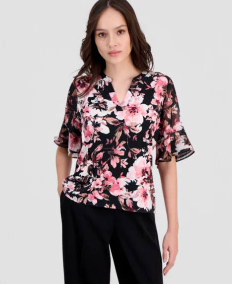 Petite Ruffle-Cuff Split-Neck Top - Anne Black Multi