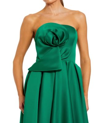 Women's Strapless Satin A Line Midi Dress With 3D Flower Dresses