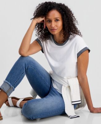 Women's Striped-Trim Dolman-Sleeve T-Shirt