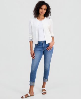 Women's Cable-Knit Striped-Cuff Cardigan Sweater