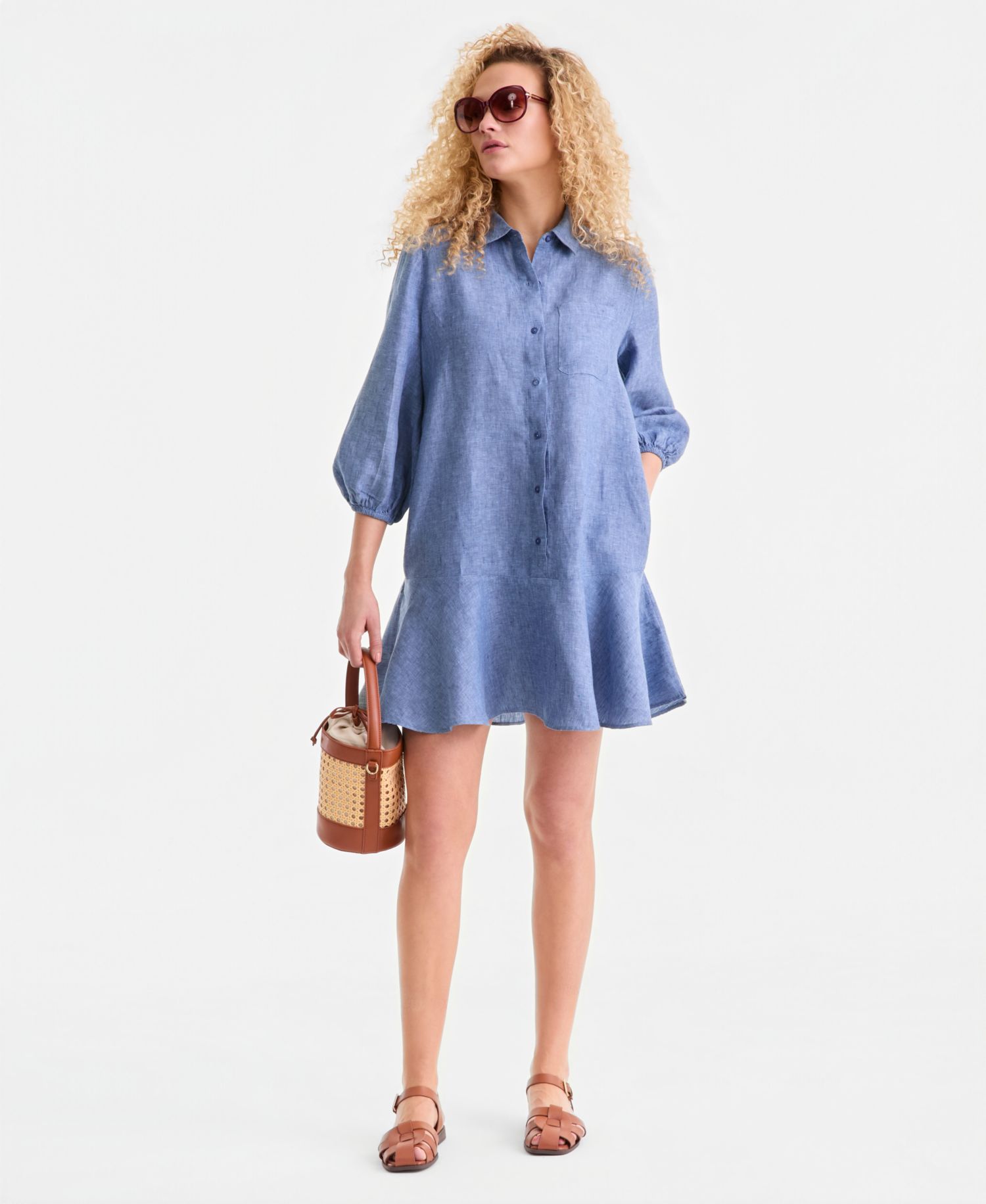 Plus Size 100% Linen Collared Flounce Dress