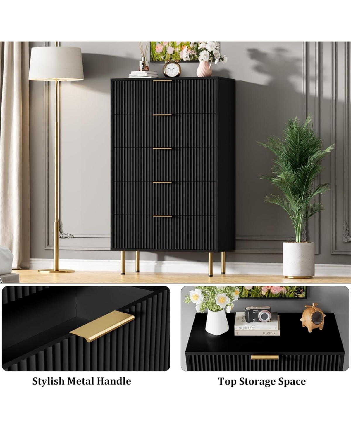 gaomon 5 Drawer Dresser for Bedroom, Wooden Chest with Wide Drawers, Modern Storage Organizer Closet, Hallway