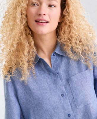 Women's 100% Linen Button-Front 3/4-Sleeve Dress