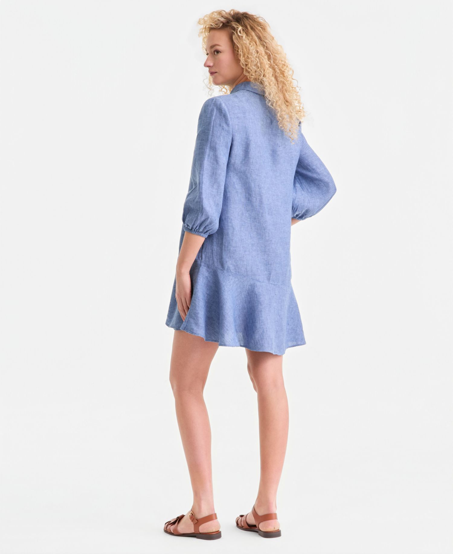 Plus Size 100% Linen Collared Flounce Dress
