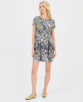 Petite Floral-Print Pintuck Short-Sleeve Dress